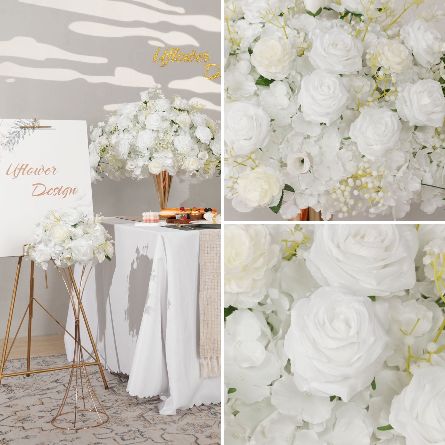 Uflower White Rose Baby's Breath Flower Ball For Table Centerpieces